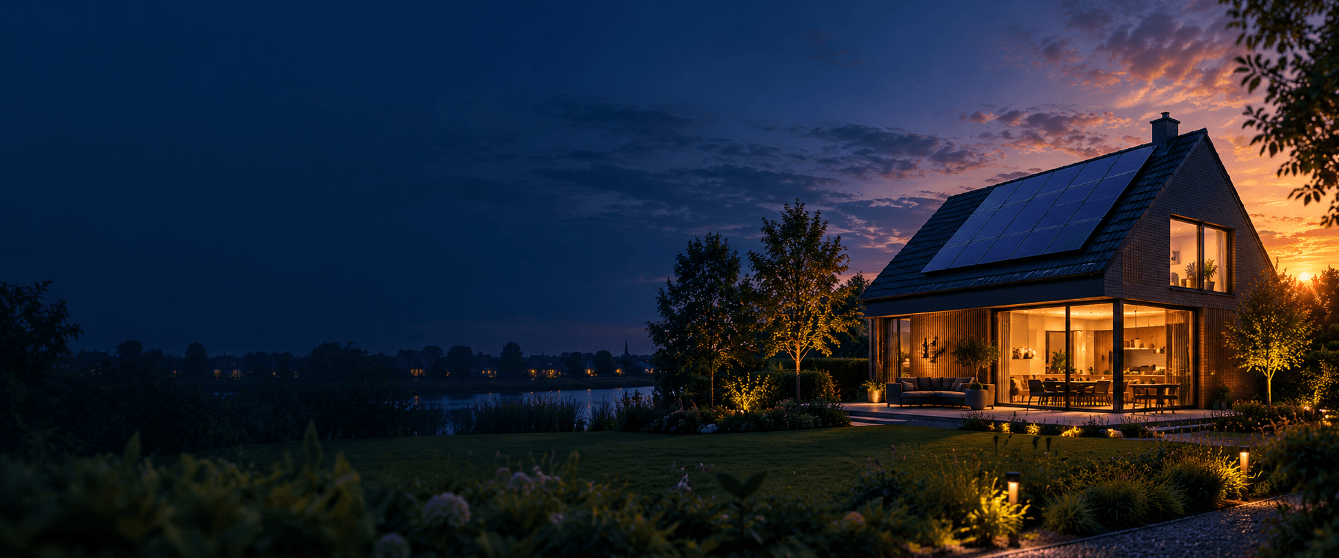 Zonnepanelen op een moderne woning, met warm avondlicht in de woonkamer